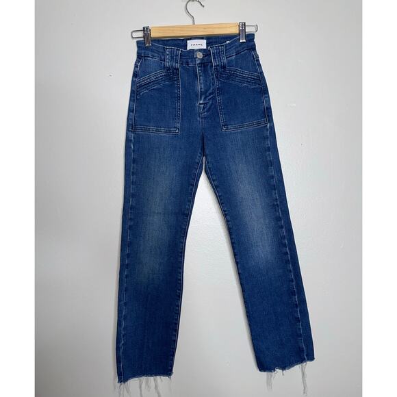 FRAME Le High Straight Trapunto Aurora Patch Pocket Jeans Raw Hem Size 25 - Picture 2 of 8